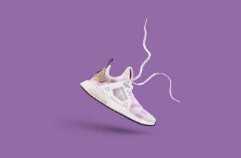 Pattern made of many white trendy sneakers on purple pastel background